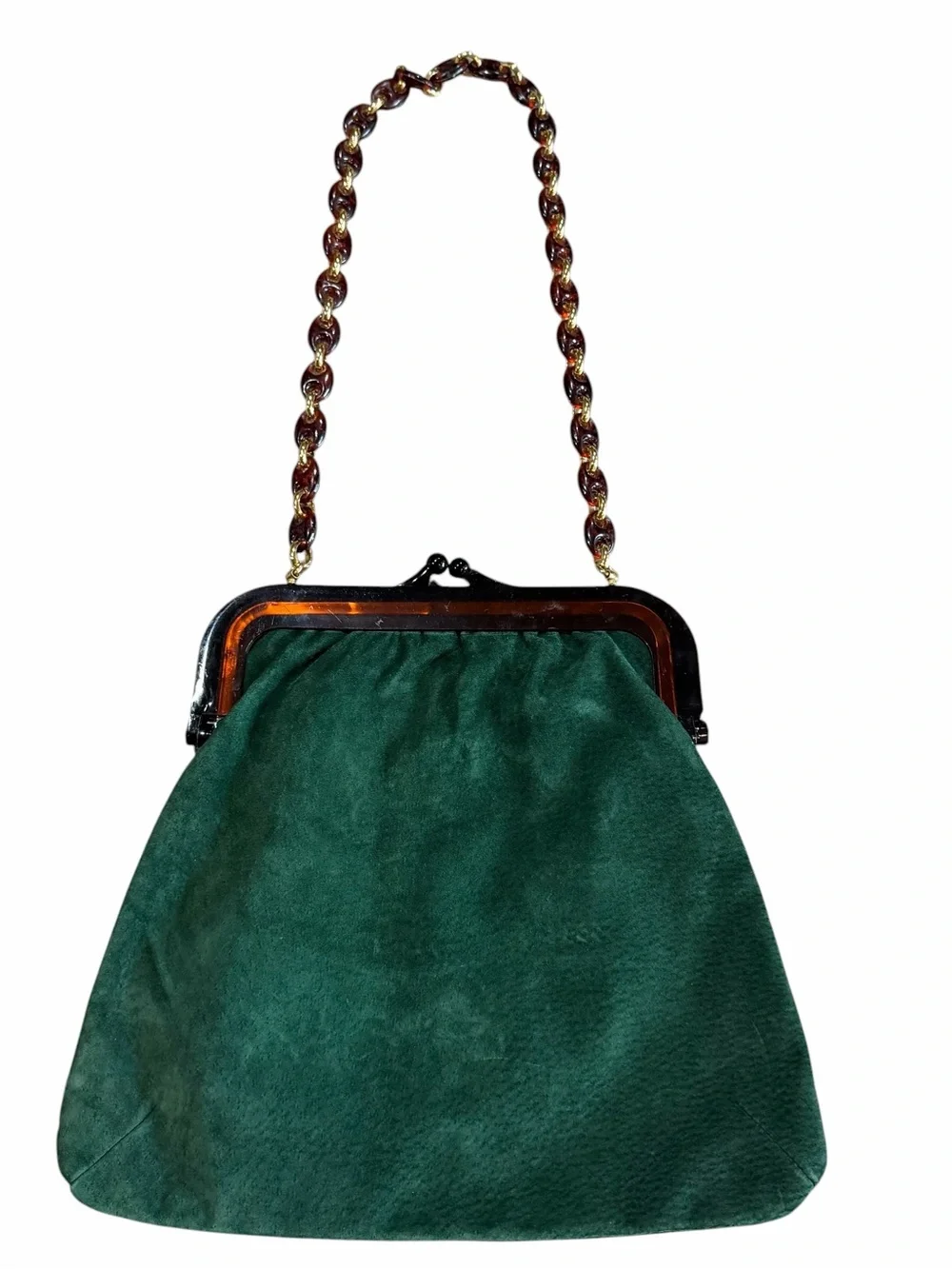 Vintage Green Suede Purse Tortoise Lucite Frame Bag Gold Chain Shoulder Italian